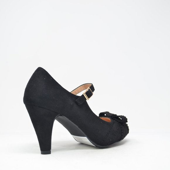 🛍 Women's kimmy Black Faux Suede Bow Retro Heel - Picture 3 of 5